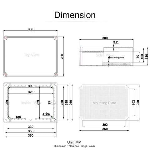 Dimensions for Junction Box With Mounting Plate For DIY Projects All In One Waterproof IP67 Dustproof ABS Enclosure 15 By 11 By 5.1 Inches