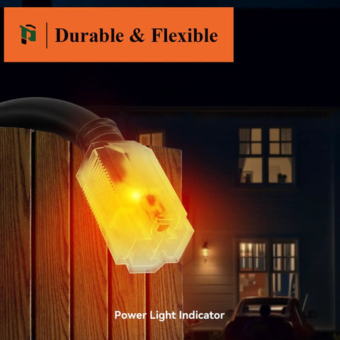 Heavy Duty 12 Gauge Outdoor Extension Cord 10ft With Lighted End 15A 1875W Black lighted plug on wooden fence at night