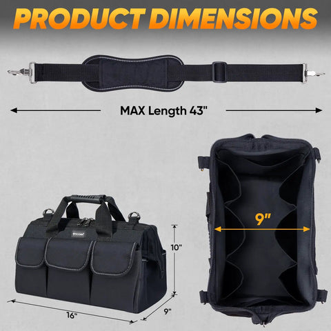 Heavy Duty Tool Bag With Multiple Pockets And Wide Mouth Opening, Portable Tool Box Organizer, Black 16 Inch Base Dimensions