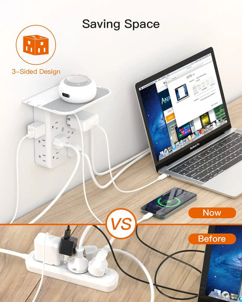 All In One 12 Outlet Wall Extender With Shelf And Surge Protector 12 AC Outlets And 3 USB Ports Includes 1 USB C shown in use