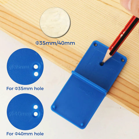 35mm Concealed Hinge Jig Kit For Cabinet Door Woodworking shows blue drilling guide on wood, marking holes for precise placement.
