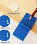35mm Forstner Bit And Concealed Hinge Jig Set 5 Piece Kit marking for hole sizes on blue depth guide on wood.