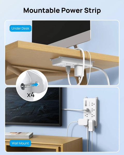 Beefed Up Surge Protector Power Strip With 7 Widely Spaced Outlets 2 USB A And 2 USB C Ports Wall Mountable both under desk and on wall shown