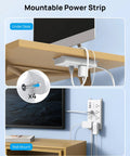 Game Changer Surge Protector Power Strip With 10 Foot Flat Plug Extension Cord mounted under desk and on wall