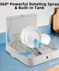 Portable Countertop Dishwasher With Clear Window And Three Auto Wash Modes Fits Four Plates Water Saving Fast Cycle Hassle Free Build For Compact Areas, showing plates being cleaned with rotating spray.