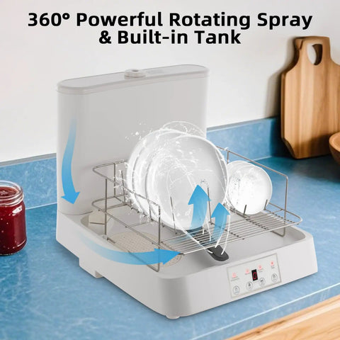 Portable Countertop Dishwasher With Clear Window And Three Auto Wash Modes Fits Four Plates Water Saving Fast Cycle Hassle Free Build For Compact Areas, showing plates being cleaned with rotating spray.