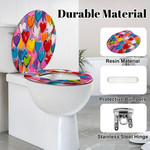 Generic Round Resin Toilet Seat for Bathroom with colorful heart design, 16.5 inches length, durable resin material.