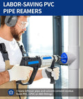 Man using 8 Piece PVC Pipe Reamer Kit With Four Sided Carbide Blades Fitting Saver Socket Tool For Half Inch To Four Inch Schedules 40 PVC CPVC ABS Plumbing Hub Reamer For Pulling Pipe Free From Fittings on pipe