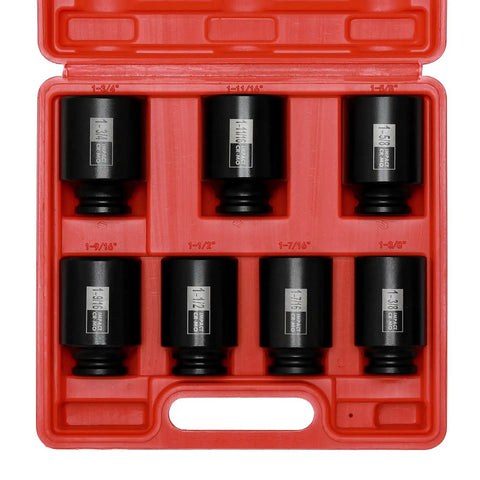 7-Piece 1/2 Inch Drive Deep Impact Socket Set SAE Range 1-3/8 Inch Through 1-3/4 Inch, 6-Point Sockets in Storage Case