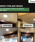 Ultra Slim 6 Inch LED Recessed Downlight installed in living room, bathroom, office, and kitchen.