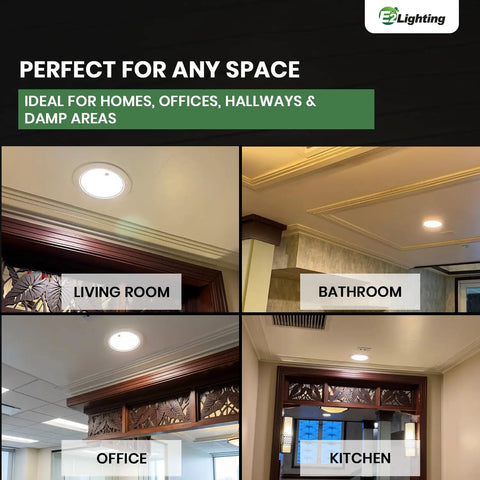 Ultra Slim 6 Inch LED Recessed Downlight installed in living room, bathroom, office, and kitchen.