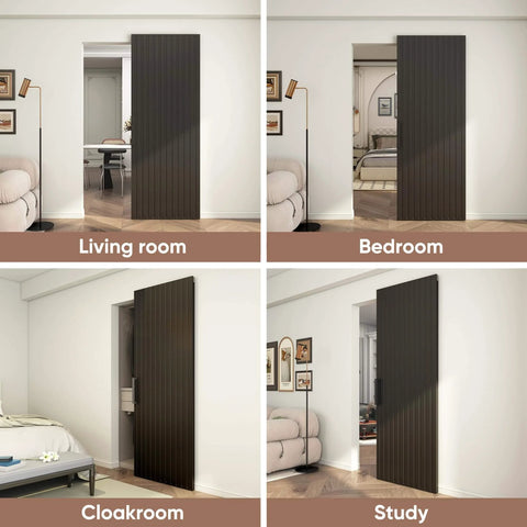 Collage of Concealed Sliding Barn Door With Slick Soft Close Hardware Kit Black Hidden Door for Interior Use in living room, bedroom, cloakroom, and study