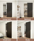 36X84 Inch Black Wood Sliding Barn Door With Concealed Tracks And Soft Close Hardware Kit used in living room, bedroom, cloakroom, and study.