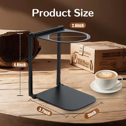 Compact Portable Coffee Maker Stand With Foldable Base shown on wooden table, detailed measurements included