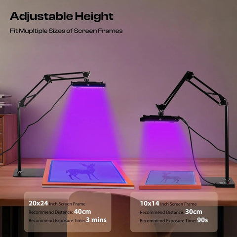 Powerful 100W LED UV Exposure Unit for Screen Printing with adjustable stands demonstrating use on 10x14 and 20x24 inch frames.