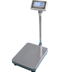 Heavy Duty Commercial Platform Scale With Lb Kg Switchable Dial, Ntep Legal For Trade, 500 Lb Capacity, Big Bright Backlit Lcd, Stainless Steel Pan, No Fuss Plug And Play Warehouse Shipping Scale on a stand.