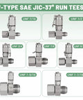 JIC37 Hydraulic Swivel Run Tees Set 7 Pack For Excavators And Heavy Machinery Tee Connectors And Tester Couplings Pro Grade High Pressure Hydraulic Fitting Test Kit Up To 9000 PSI, showcasing 7 types of SAE JIC-37° run tees with varied sizes.