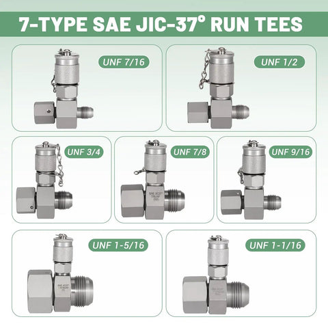 JIC37 Hydraulic Swivel Run Tees Set 7 Pack For Excavators And Heavy Machinery Tee Connectors And Tester Couplings Pro Grade High Pressure Hydraulic Fitting Test Kit Up To 9000 PSI, showcasing 7 types of SAE JIC-37° run tees with varied sizes.