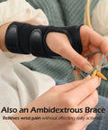 Person knitting while wearing wrist brace for carpal tunnel relief night support with maximum stabilization and three stays.
