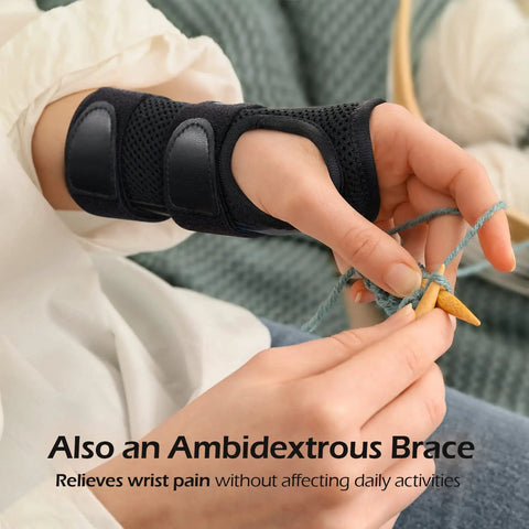 Person knitting while wearing wrist brace for carpal tunnel relief night support with maximum stabilization and three stays.