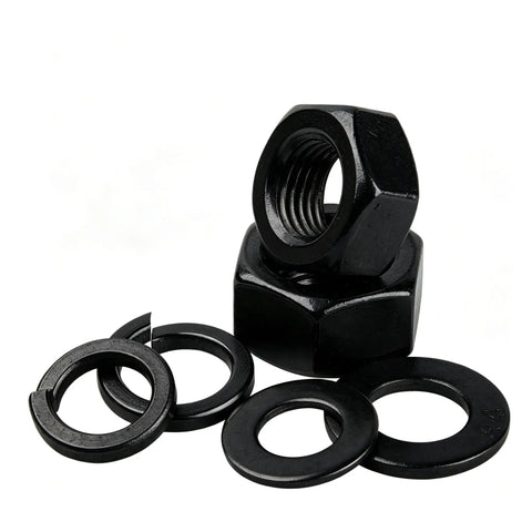 Black 304 Stainless Steel Hex Nut Assortment Kit M2 Through M20 With Flat And Spring Washers Rustproof Built To Last in close-up view