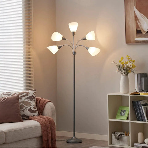 Five Head Floor Lamp With Adjustable Gooseneck Arms And Large Frosted Shade For E26 A19 Bulbs Perfect Reading Light For Living Room And Bedroom