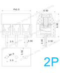 Green 40 Piece 2 Pin Screw Terminal Block Connectors Plug And Play 3.5mm Pitch For Arduino Projects technical drawing
