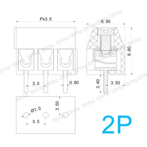 Green 40 Piece 2 Pin Screw Terminal Block Connectors Plug And Play 3.5mm Pitch For Arduino Projects technical drawing