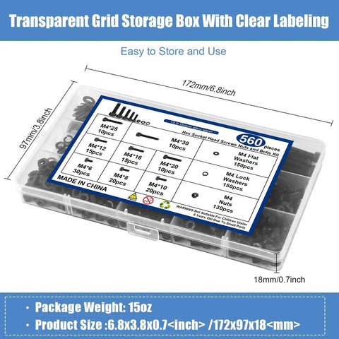 M4 Screw Assortment Kit With 130 M4 Screws And 130 Nuts, 300 Washers, Hex Socket Head Cap Bolts in labeled storage box