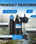1/4 HP Submersible Water Pump, 1800 GPH Portable Sump Pump For Pools, Basements, And Ponds, Thermoplastic Electric Transfer
