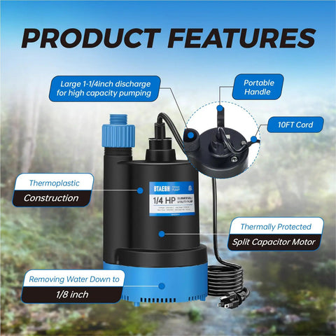 1/4 HP Submersible Water Pump, 1800 GPH Portable Sump Pump For Pools, Basements, And Ponds, Thermoplastic Electric Transfer
