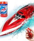 Mini RC Boat For Kids 8 To 12 Years Old 2.4GHz Remote With 360 Degree Spin Built In Rechargeable Battery Water Toy For Pool Bathtub Or Beach Easy To Operate And Portable Red Gift, shown in hand with water splash effect