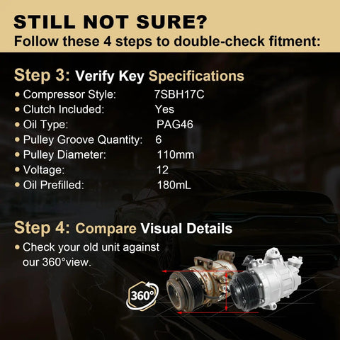 Heavy Duty Air Conditioning AC Compressor No Hassle Bolt On Replacement For Ford Explorer 2011 Through 2015 showing specifications and 360 view.