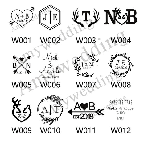 Examples of custom logos for Branding Iron Kit for Wood and Leather With Copper Stamp Mold and Handy Handle