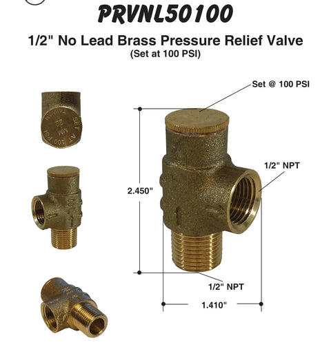 Brass 1/2-inch pressure relief valve, 100 PSI setting, MNPT x FNPT connections, lead-free water system protection