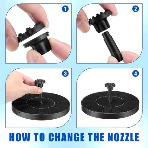 4 Pack Solar Bird Bath Fountain Pumps With 6 Nozzle Heads For Pond Garden Fish Tank Or Pool Battery Free Solar Powered Water Feature Kit Easy To Install And Great For Wildlife And Backyard Vibes showing nozzle installation steps