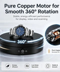 Motorized Rotating Display Stand 7.87 Inch Electric Spinning Turntable With Silent Operation showing a watch on a black base with copper motor details.