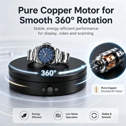 Motorized Rotating Display Stand 7.87 Inch Electric Spinning Turntable With Silent Operation showing a watch on a black base with copper motor details.