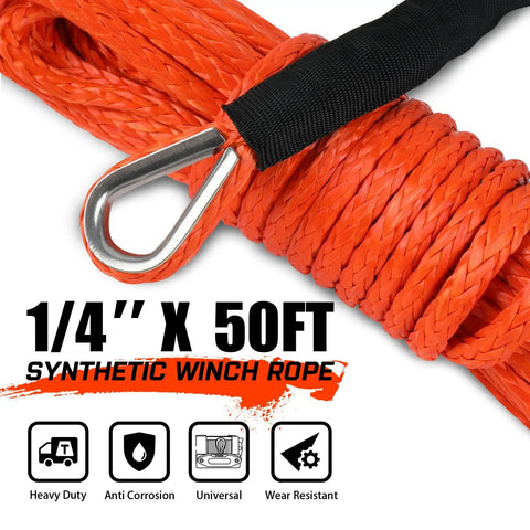 1/4 Inch By 50 Foot Orange Synthetic Winch Rope With Black Protective Sleeve, 10,000 Lb Load Capacity, Heavy Duty Nylon Braided Cable