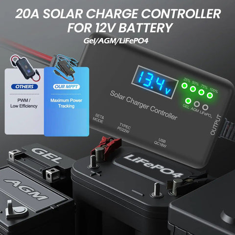 Beefed Up 20A 12V Solar Charge Controller With LCD Display for Gel AGM LiFePO4 Batteries