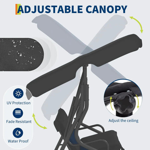Adjustable canopy on Three Person Outdoor Patio Swing Chair With Adjustable Canopy Shade Removable Sun Shade For Backyard
