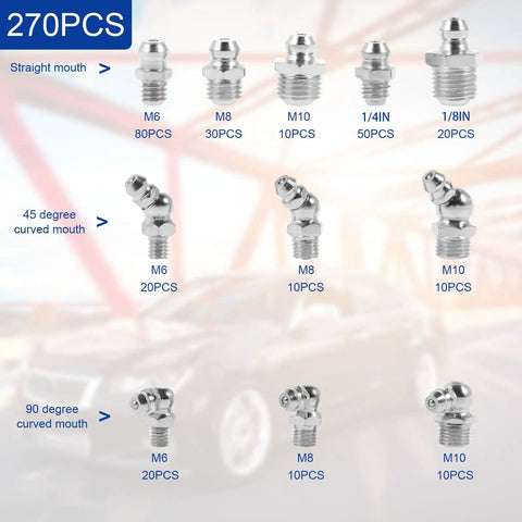 270 Piece Galvanized Grease Zerk Fitting Kit With Imperial And Metric Range layout showing various fittings and sizes displayed.