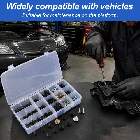 Mechanic using 160 Piece Universal Car Body Panel Screws And Fasteners Kit With 14 Sizes Metal Phillips Self Tapping Bolts And Bumper Retainer Clips