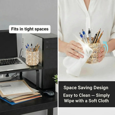 Crystal Pen Holder For Desk With Gold And Silver Metal Base on office desk, woman cleaning pen holder, small workspace accessory