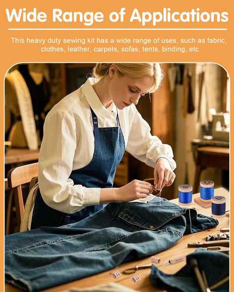 Woman using Heavy Duty Upholstery And Denim Repair Kit With Blue Sewing Threads For Home DIY Fixes Jeans Jackets Bags Shoes Wallets