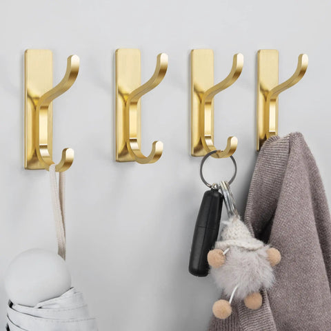 Heavy Duty Adhesive Wall Hooks For Bathroom Towels And Outerwear, Drill Free Stick On Mounts With Nasty Strong Grip, Rust Proof Gold Plating, Four Pack Home Upgrade