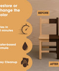 Before and after showing Superior Water Based Walnut Wood Stain Ultra Fast Drying Low Odor Plus Non Toxic Formula on a chair.