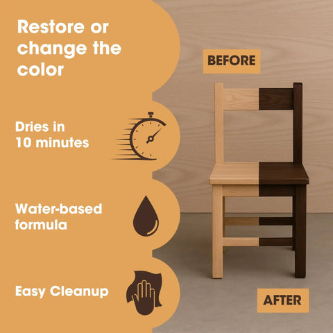 Before and after showing Superior Water Based Walnut Wood Stain Ultra Fast Drying Low Odor Plus Non Toxic Formula on a chair.