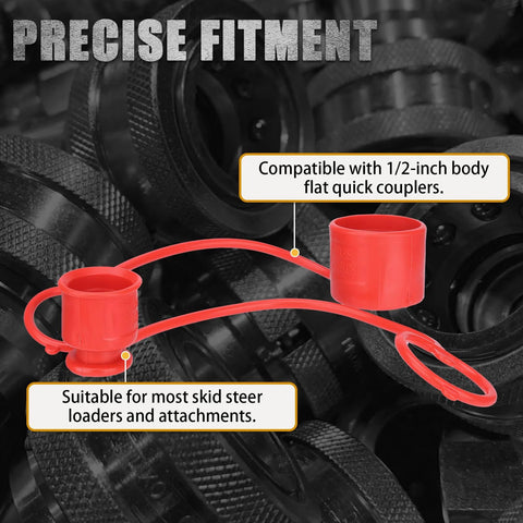 Dust caps for 1/2-inch flat-face hydraulic quick-connect couplers; red rubber caps with tether (4 sets)
