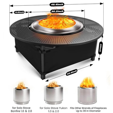 47.8 Inch Fire Pit Surround Tabletop Snaps Right On For Solo Stove Bonfire Ranger Yukon 2.0, showing black powder coated table top with 30.2 inch inner diameter fitted on fire pit.